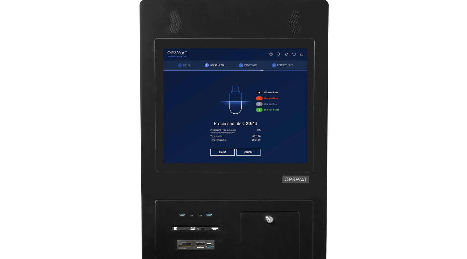 OPSWAT MetaDefender Kiosk tower — touchscreen interface scanning removable media