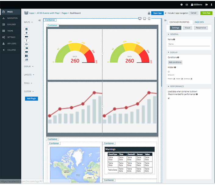 Proficy Operations Hub low-code dashboard editor with gauge, trend and map widgets in a multi-pane layout